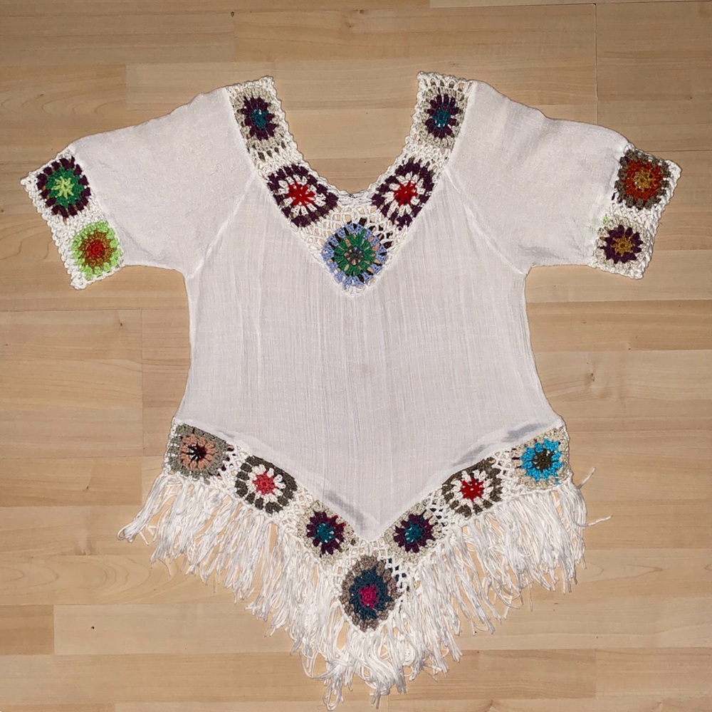 Boho Crochet Trim White V-Neck Fringe Women's Top